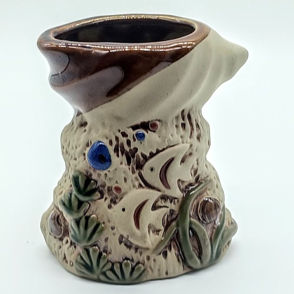 Brown Tan Glazed Pottery Fish Vase Planter